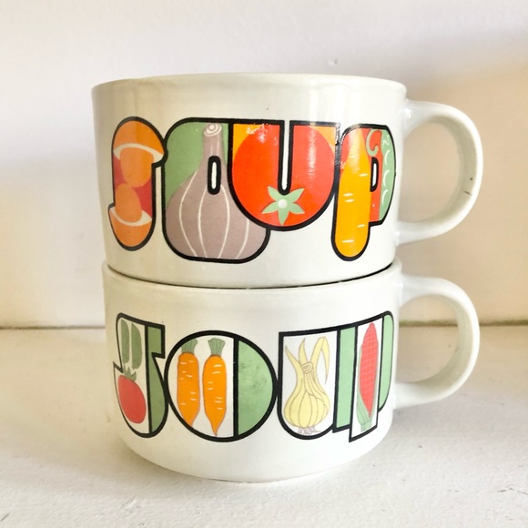 2 Vtg 70s Soup Mugs/Bowls Vegetable Motif Handles - Picture 4 of 6